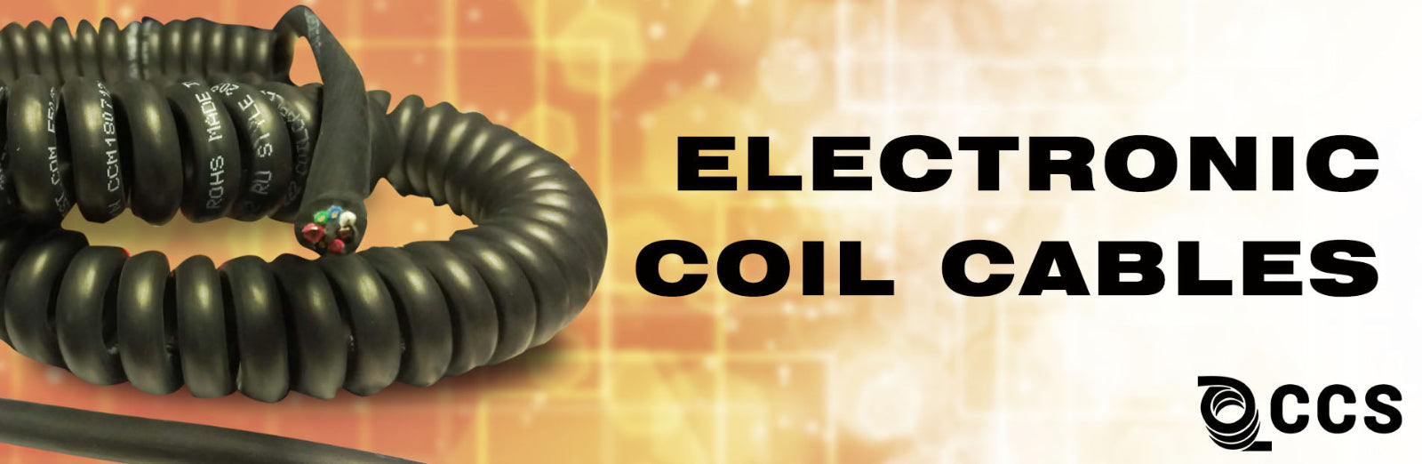 Coiled electronic cable with 'Electronic Coil Cables' text and CCS logo on a gradient background